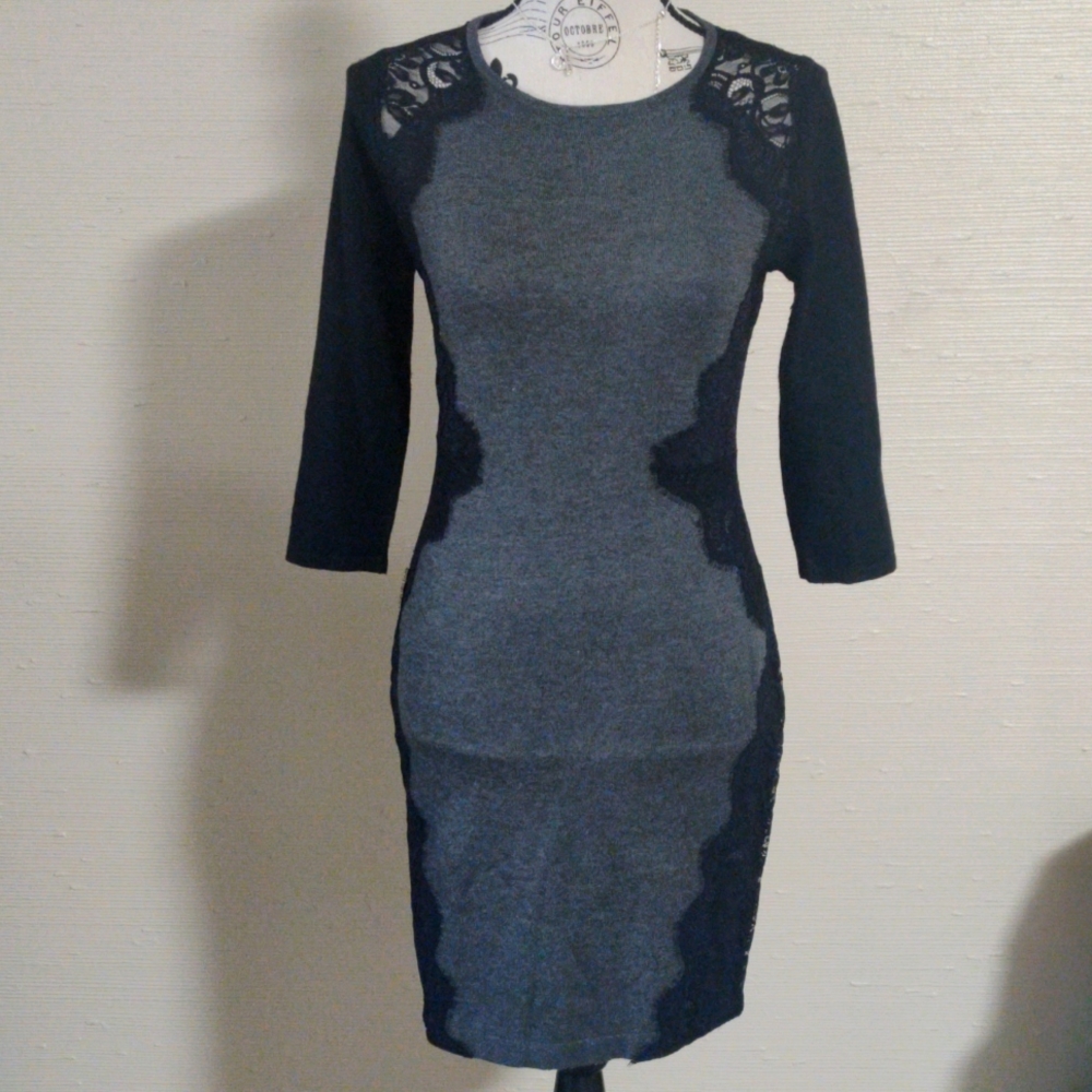 Vince Camuto black & gray colorblock 3/4 sleeve bodycon dress w lace accents_PS - Picture 1 of 10